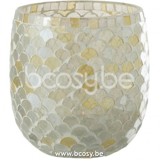 J Line 21406 Windlicht Mozaiek Glas Wit Lichtgeel Large L15xB15xH16 cm T theelichten theelichthouders
