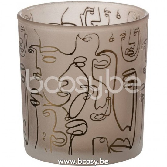 J Line 21796 Theelichthouder Happy Faces Glas Beige Small L7xB7xH8 cm T theelichten theelichthouders