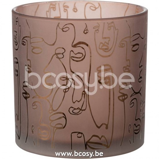 J Line 21801 Windlicht Happy Faces Glas Terracotta Large L15xB15xH15 cm T theelichten theelichthouders