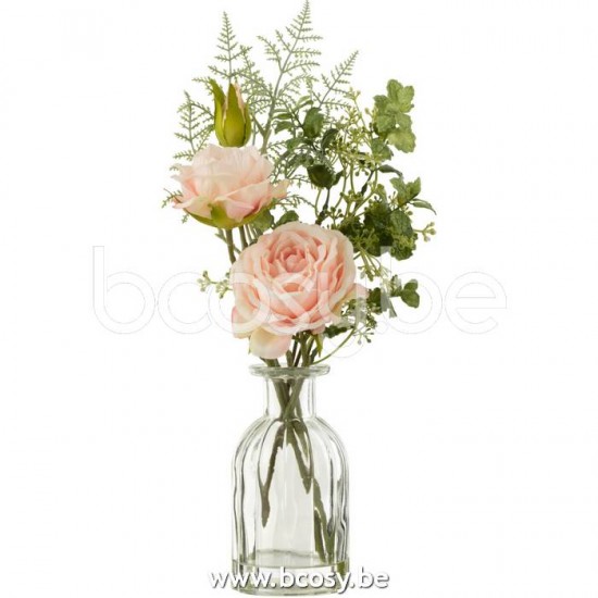 J Line 22046 Boeket Rozen In Vaas Kunstwater Plastiek Groen Licht Roze Large L14xB12xH33 cm bloemboeketten