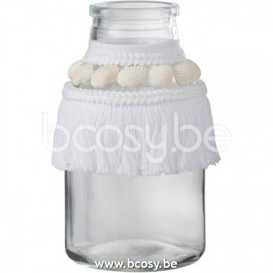 J Line 22438 Vaasje Schelpen Glas Textiel Wit Large L9xB9xH15 cm bloemvaas bloemenvaas siervaas bloemvazen bloemenvazen siervazen