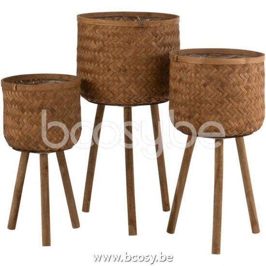 J Line 23234 Set Van Drie Bloempothouders Drie Poten Bamboe Plastiek Naturel L37xB37xH75 cm bloempotten bloemvaas bloemvazen bloemenvaas bloemenvazen siervaas siervazen bloem