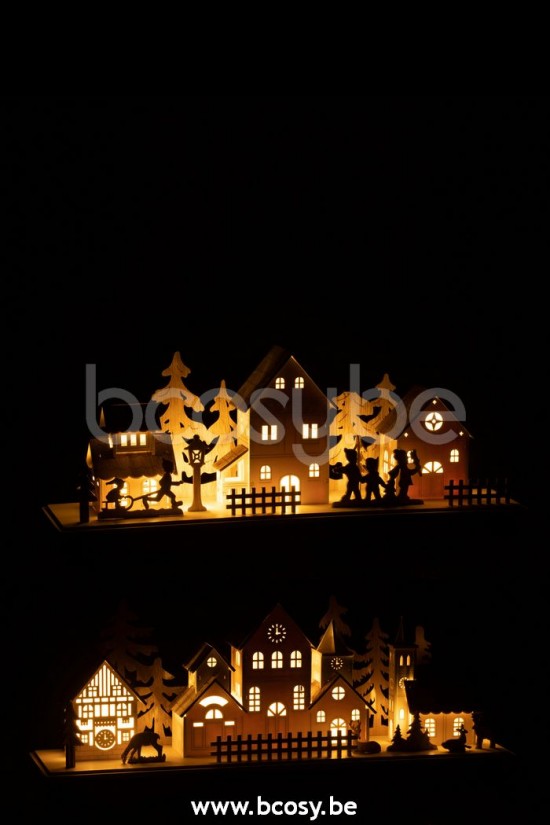 J Line hivers Jolipa Deco Hiver Led Maisons Bois Naturel Blanc Large Assortiment De 2.