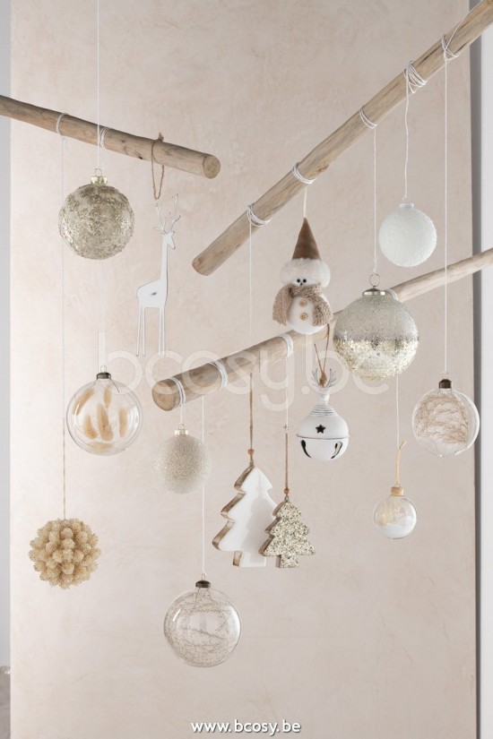 Jline Caja De 12 Bolas De Navidad 4 4 4 Ramitas Secadas Beige Cristal Transparente