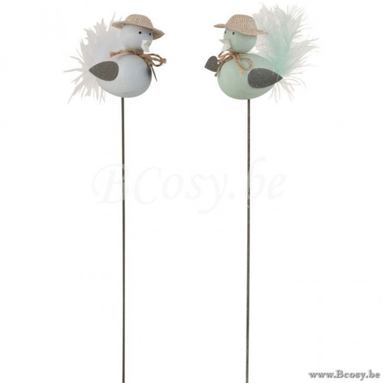 J Line 2848 Vogel Op Stok Hout Metaal Blauw Azuur 43H vogels