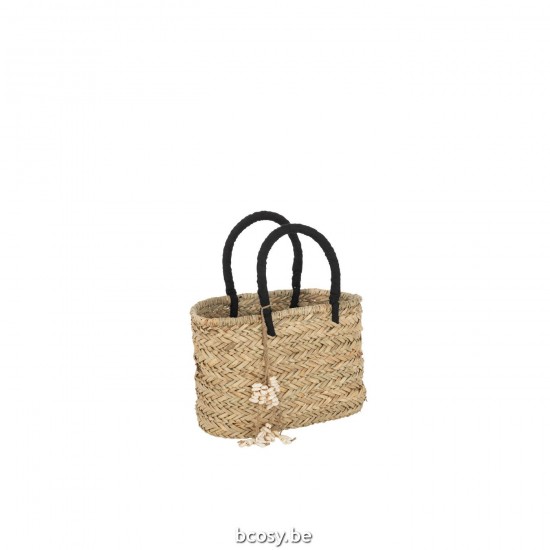 J Line Strandtas Met Schelpen Zwart Handvatten Jute Naturel Zwart Small L35xB20xH37 cm strandtassen JO33285.