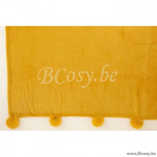 plaids a franges Jolipa Jline Plaid Pompon Polyester Ocre