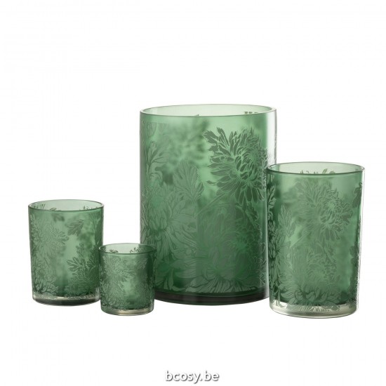 Jline Windlicht Bloemen Glas Mat Groen Extra Large.