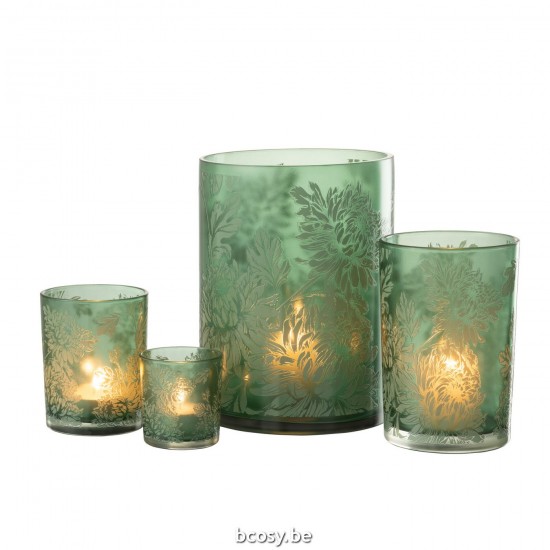 J Line Hurricane Flowers Glass Matt Green Extra Large tea lights holders.