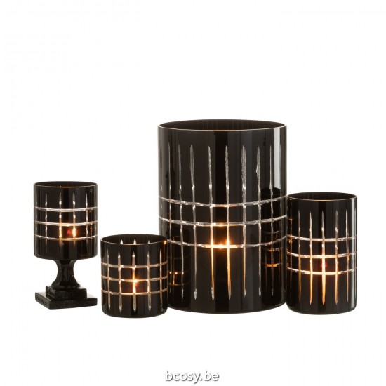 J Line Tealight Holder On Foot Checkered Glass Black tea lights holders.