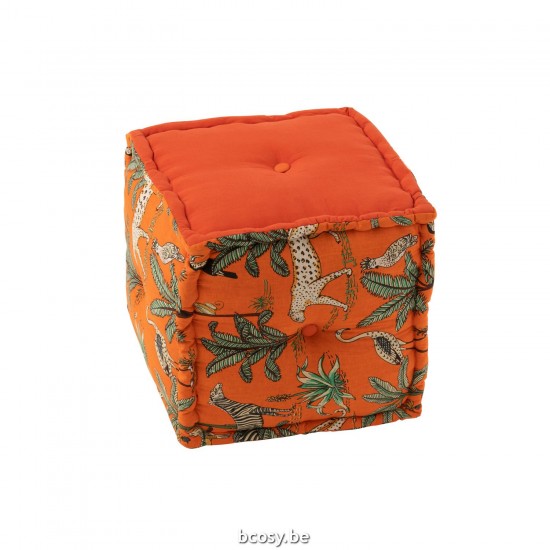 J Line poufs Jolipa Pouf Cube Animaux Plantes Exotiques Coton Orange.
