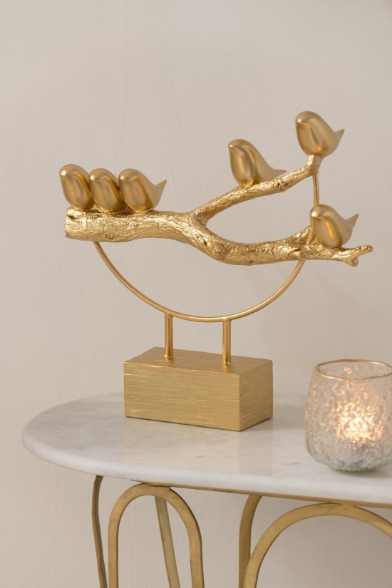 Jline Pajaro En Rama Pedestal Resina Metal Oro.