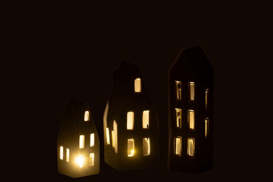 J Line Maisons Jolipa Set 3 Maisons Led Porcelaine Noir Or.