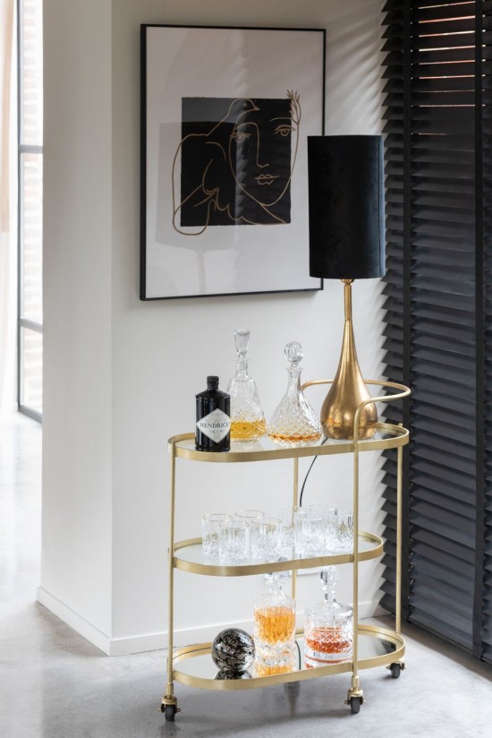 JLine J Line Dienstkar Ovaal Metaal Spiegel Goud butlertray dienwagen serveerwagen bar.