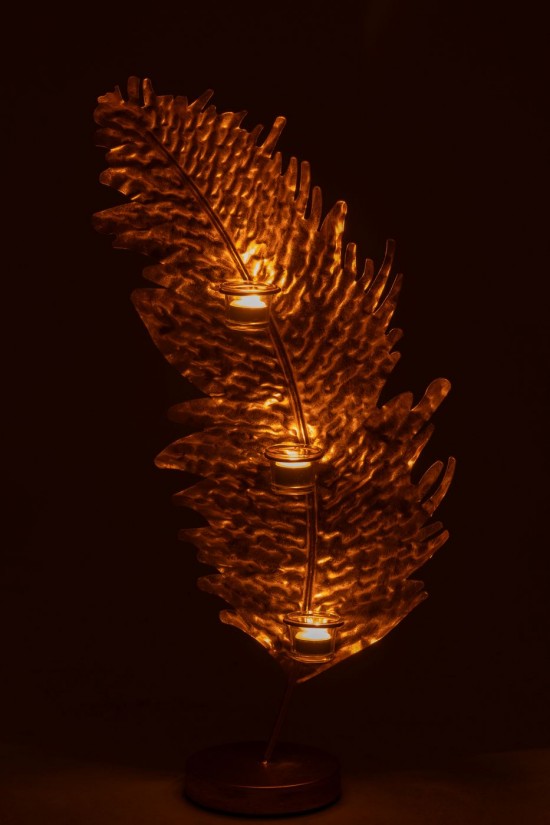 J Line photophores Jolipa Porte Bougie Feuille Metal Verre Or.