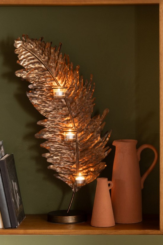 Jline Portavelas Hoja Metal Vidrio Marron.