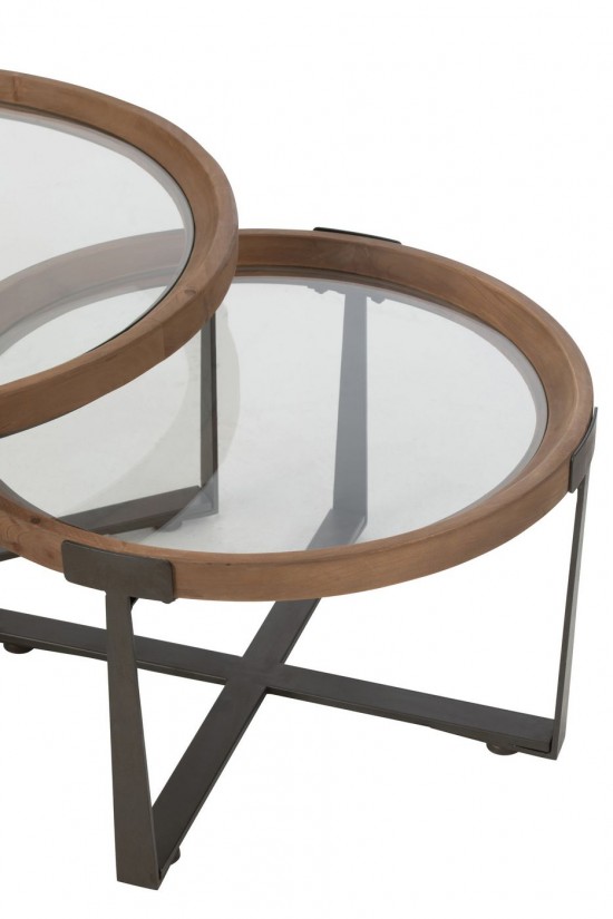 Jline Set Van 2 Salontafel Luki Glas Spar Hout Naturel Zwart.