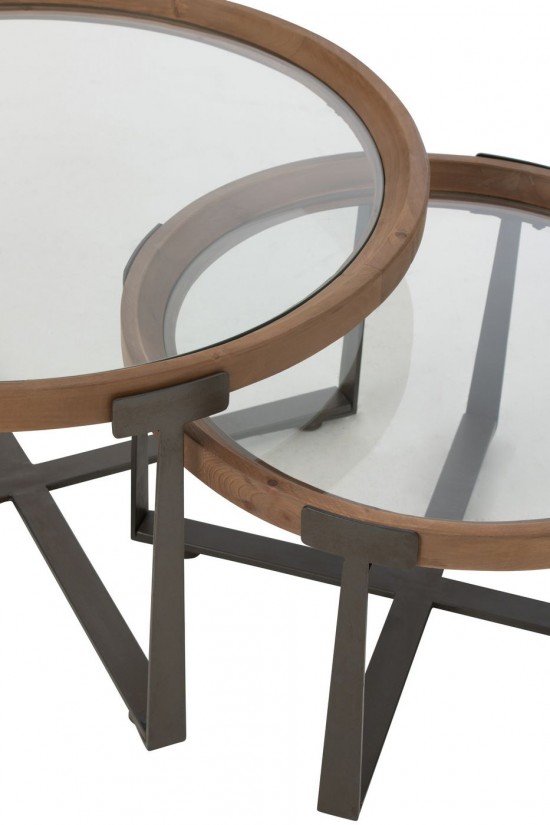 J Line Set Of 2 Coffee Tables Luki Glass Fir Wood Natural Black coffee tables.