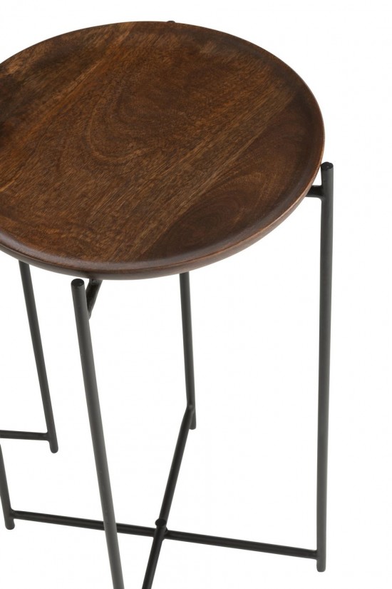 Jline Set Van 2 Bijzettafels Rond Ijzer Mangohout Bruin Zwart.