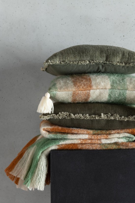 Jline Cojín Cuadros Borlas Acrílico Blanco Verde Marrón.