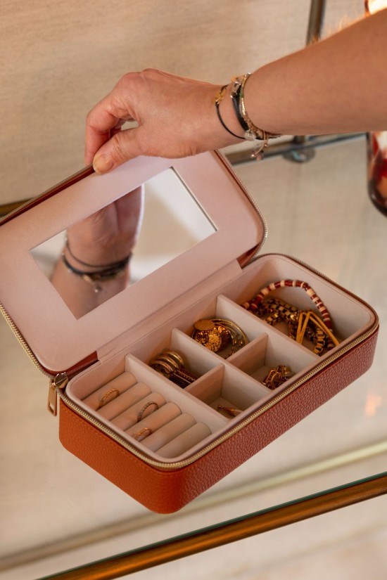 Jline Joyero Rectángulo Espejo Imitacion De Cuero Cognac.