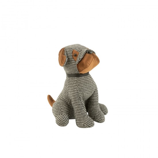 J Line Deurstop Hond Geruit Polyester Zwart Bruin Large deurstoppen deurstoppers JO47034.