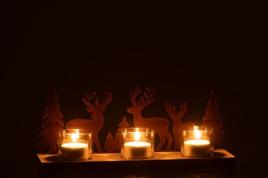 J Line photophores Jolipa Photophore 3 Piéces Cerfs Sapins Métal Bois Brun.