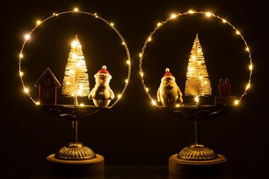 J Line peres noël Jolipa Cercle Sur Pied Led Père Noël Bonhomme De Neige Doré Rouille Assortiment De 2.