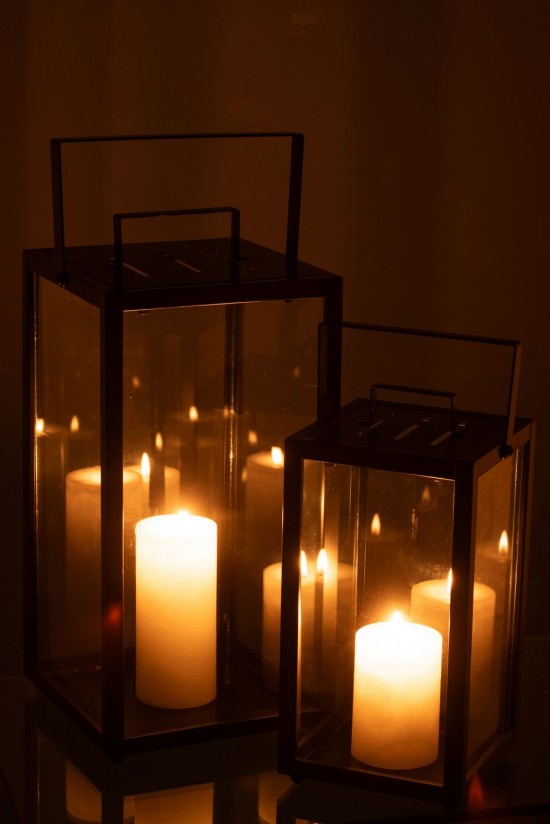 J Line lanternes photophores Jolipa Set 2 Lanternes Rectangle Alo Fer Verre Noir.