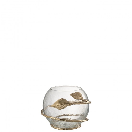 J Line Vaas Blad Schaal Glas Ijzer Transparant Goud T theelichten theelichthouders waxinelichten JO47746.