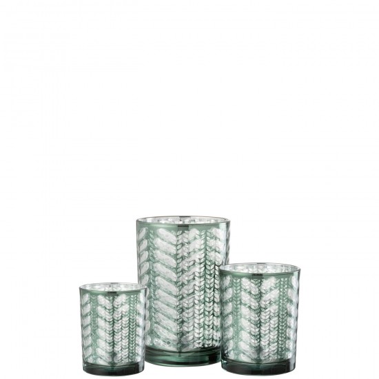 J Line Hurricane Herringbone Glass Green Silver Large tea lights holders.