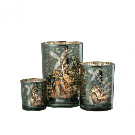 Jline Windlicht Blaadjes Glas Groen Antiek Goud Large.