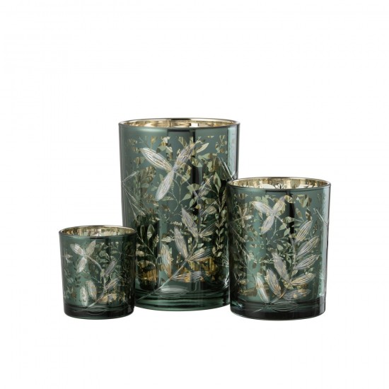 J Line Hurricane Leaves Glass Green Antique Gold Large tea lights holders.