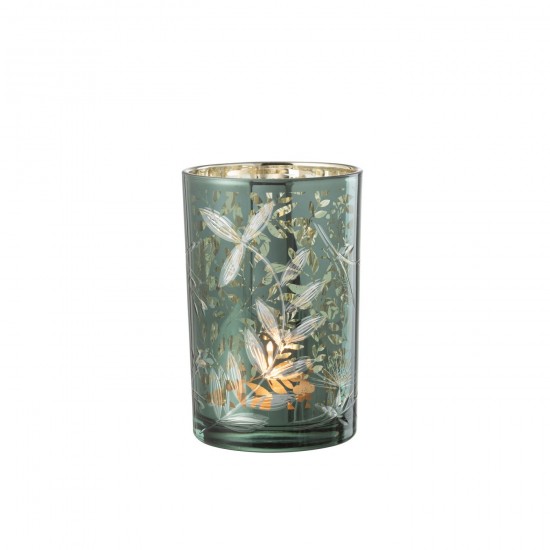 J Line Windlicht Blaadjes Glas Groen Antiek Goud Large T theelichten theelichthouders waxinelichten JO48134.