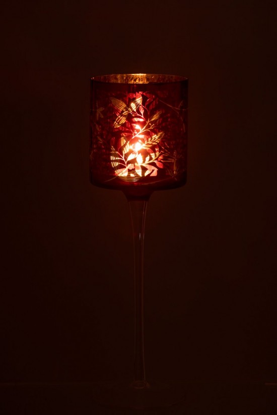 J Line photophores Jolipa Photophore Sur Pied Feuilles Verre Rouge Antique Or Large.