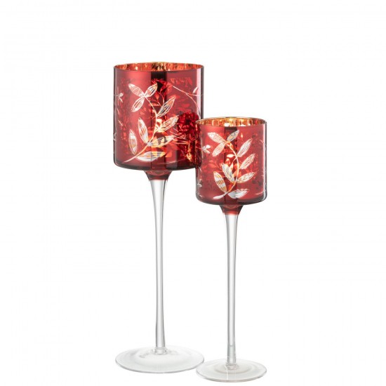 Jline T Lichthouder Op Voet Blaadjes Glas Rood Antiek Goud Large.
