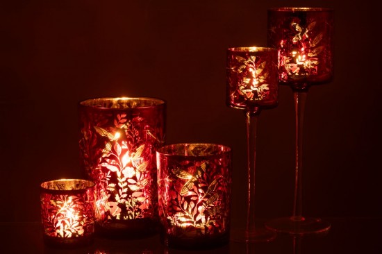 Jline Fotóforo A Pie Hojas Vidrio Rojo Antiguo Oro Large.