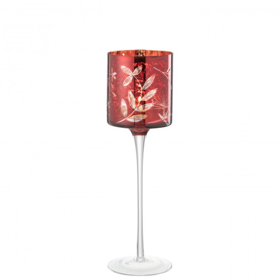 J Line T Lichthouder Op Voet Blaadjes Glas Rood Antiek Goud Large T theelichten theelichthouders waxinelichten JO48141.