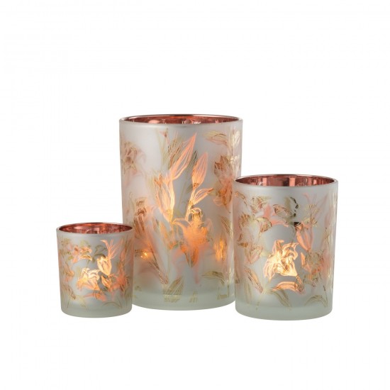 Jline Windlicht Bloemen Glas Mat Wit Rood Goud Large.
