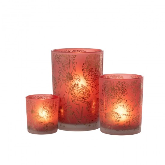 Jline Windlicht Bloemen Glas Mat Rood Goud Large.