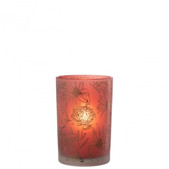 J Line Windlicht Bloemen Glas Mat Rood Goud Large T theelichten theelichthouders waxinelichten JO48150.