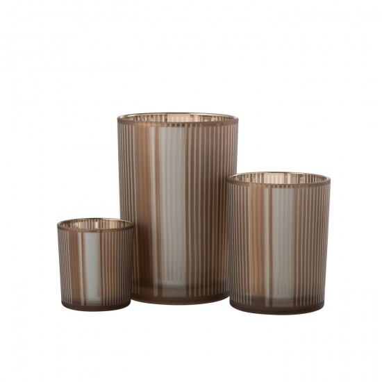 J Line Hurricane Stripes Glass Mat Brown White Large tea lights holders.