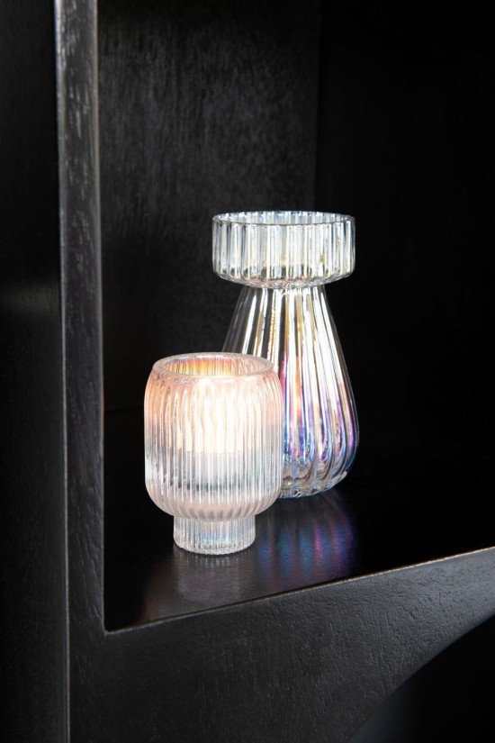 J Line Portacandela Candeliere Rib Vetro Trasparente Madreperla Fotóforo Portavelas Rib Vririo Transparente Nacar.