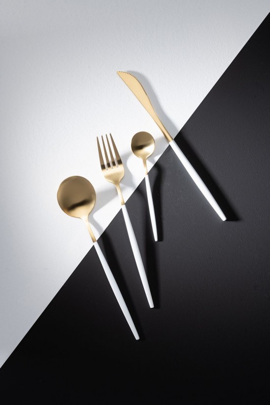 Jline Box Cubiertos A 24 Piezas Acero Inoxidable Mate Oro Blanco.