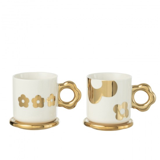J Line tasses de cafe Jolipa Tasse Sous Tasse Fleur Ceramique Blanc Or Assortiment De 2.