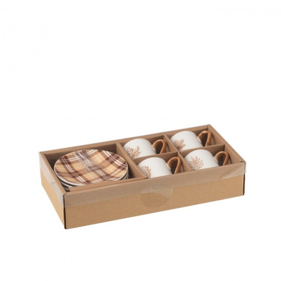 J Line tasses de cafe Jolipa Boite 4 Tasse A Cafe Sous Tasse Feuille Boite Cadeau Ceramique Marron Small.
