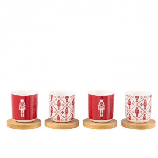J Line Doos 4 Koffietassen Schotels Bambou Notenkraker Cadeaudoos Keramiek Rood koffietassen koffiekoppen JO49235.