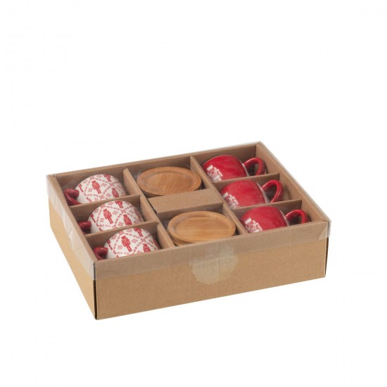 J Line tasses de cafe Jolipa Boite 6 Tasse A Cafe Sous Tasse Bambou Casse Noisette Boite Cadeau Ceramique Rouge.