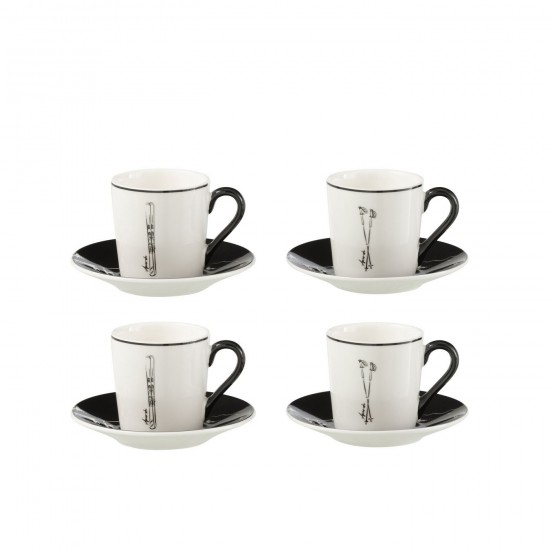 J Line Doos 4 Koffietassen Schotels Cadeaudoos Keramiek Zwart Wit Small koffietassen koffiekoppen JO49239.
