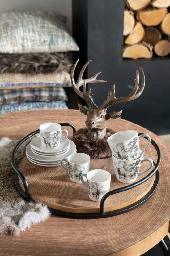 Jline Caja 4 Tazas De Té Platillo Reno Caja Regalo Cerámica Blanco Marrón Large.